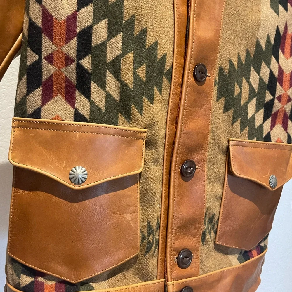 Men's Tan Leather & Patterned Wool Panel Jacket